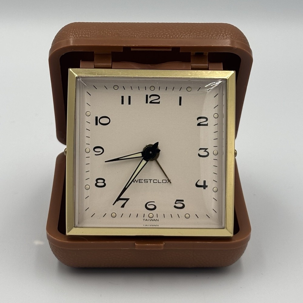 Vintage Westclox Compact Windup Travel‎ Alarm Clock Tan Folding Case Works Great